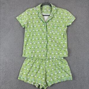 Roller Rabbit Lucky Bunny Pajama Set XS Polo Top Shorts Shamrock Novelty AOP